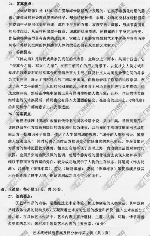 贵州省成人高考2014年统一考试专升本艺术概论真题B卷参考答案